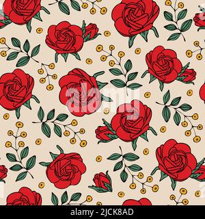 Seamless vector pattern with red roses on light pink background. Stock Vector