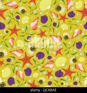 Seamless vector pattern with clam, starfish and seashell on yellow background. Underwater repeat wallpaper design. Stock Vector