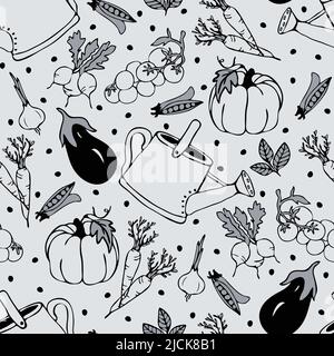 Seamless vector pattern with vegetable sketch on grey background. Simple vintage lifestyle wallpaper design. Decorative kitchen fashion textile. Stock Vector