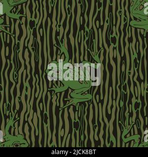 Seamless vector pattern with tree frog on green background. Camouflage animal wallpaper design. Decorative toad texture fashion textile. Stock Vector