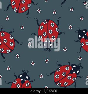 Seamless vector pattern with cute ladybugs on dark blue background. Simple ladybirds wallpaper design. Stock Vector