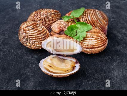 open en closed clams with shellfish isolated on black background. Stock Photo