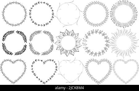 Vector floral wreaths with hand drawn illustration of violet, pink, orange, gold, yellow flowers for embroidery, fashion and wedding design collection Stock Vector