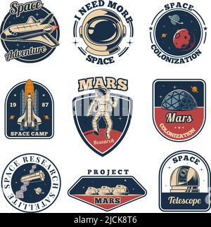 Space labels. Universe emblems astronaut space exploration science with rockets and helmets professional suit exact vector stickers with place for Stock Vector