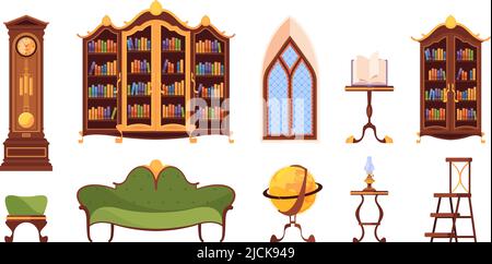 Vintage furniture. Library old wooden shelves for books cabinet tables garish vector illustrations set Stock Vector