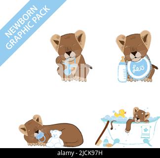 Cute lion baby boy celebrating newborn isolated on white background - vector illustration set collection Stock Vector