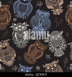 Owls pattern. Boho tribal textile design project with owls and ornate wings recent vector seamless decorative background Stock Vector