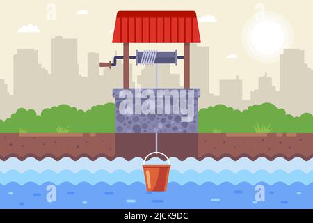 extract clean drinking water from underground. homemade stone well with a bucket. flat vector illustration. Stock Vector