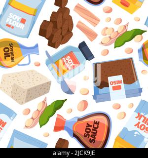 Soya products pattern. Vegetarian healthy natural soya food garish vector seamless background Stock Vector