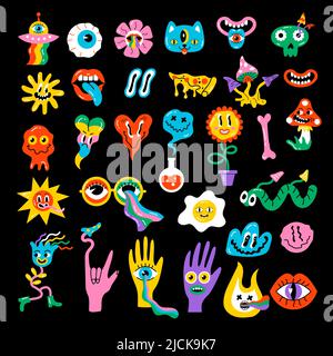 Hippy stickers. Neon psychedelic funny badges happy hallucination elements faces emoji mushrooms recent vector pictures set Stock Vector