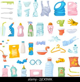 Plastic waste. Recycling garbage empty boxes and bottles package pile recent vector cartoon illustrations Stock Vector