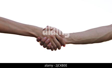 Handshake, shaking hands, handshaking. Two handed gesture. Isolated on white background. Two Friendly Partners. Concept of Connection Colleagues Peopl Stock Photo