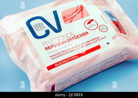 Hamburg, Germany -  June 14   2022:  German CV cosmetic tissues Vital Cadea Vera with Q10 and almond oil