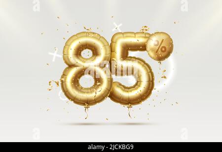 85 Off. Discount creative composition. 3d Golden sale symbol with decorative objects, heart shaped balloons, golden confetti. Sale banner and poster. Vector illustration. Stock Vector
