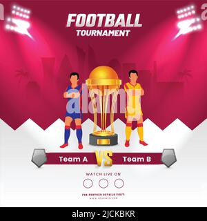 Football Tournament Concept With Faceless Footballer Players Of Participating Team A & B, 3D Winning Golden Trophy Cup On Red And White Stadium Lights Stock Vector