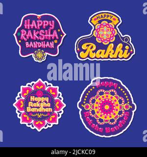 Sticker Style Happy Raksha Bandhan Font With Wristband (Rakhi) In Four Options On Blue Background. Stock Vector
