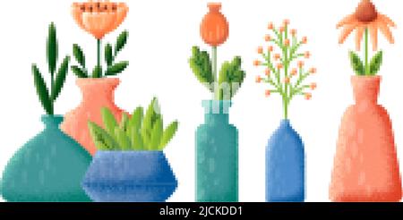 Flowers in vases, textured floral bouquets. Isolated spring wild flower in vase, pot with green leaves. Contemporary flat home decoration elements Stock Vector
