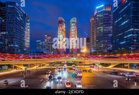 Modern architecture and overpass lighting show in Chengdu, Sichuan Stock Photo