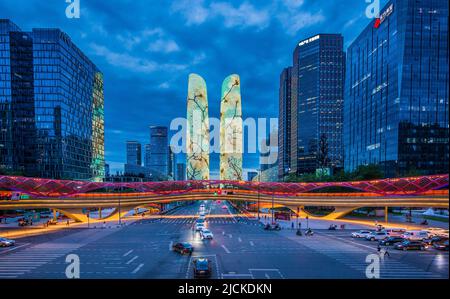 Modern architecture and overpass lighting show in Chengdu, Sichuan Stock Photo