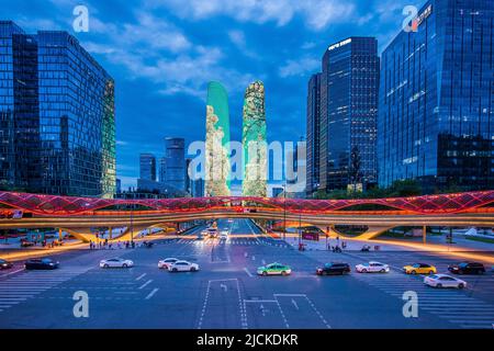 Modern architecture and overpass lighting show in Chengdu, Sichuan Stock Photo