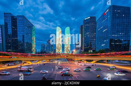 Modern architecture and overpass lighting show in Chengdu, Sichuan Stock Photo