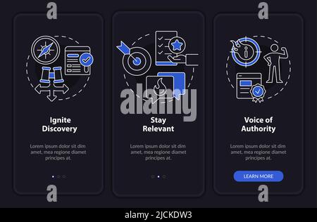 Search engine optimization pillars night mode onboarding mobile app screen Stock Vector