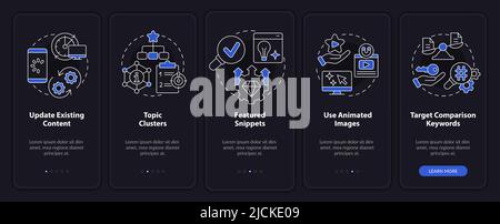 Advanced SEO techniques night mode onboarding mobile app screen Stock Vector