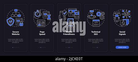 SEO ranking factors night mode onboarding mobile app screen Stock Vector