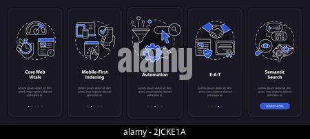 Search engine optimization concepts night mode onboarding mobile app screen Stock Vector