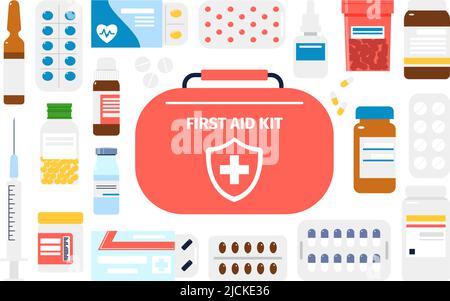Flat medications set. Drug and pills in bottle, medicine table and medicaments. Pharmacy shop icons, painkiller, syringe and hospital tools recent Stock Vector