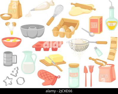 Cartoon baking ingredients. Bake products, yeast and oil, eggs and flour pack. Home making dessert, sugar milk salt for cooking. Bakery elements neat Stock Vector