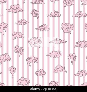 Abstract asian clouds seamless pattern. Decorative oriental elements on striped background. Trendy pink colorful print, stylish vector design template Stock Vector
