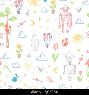 Childish drawing background. Cute kids painting on wall, children style images vector seamless pattern. Nature, robots and clouds, decorative nursery Stock Vector