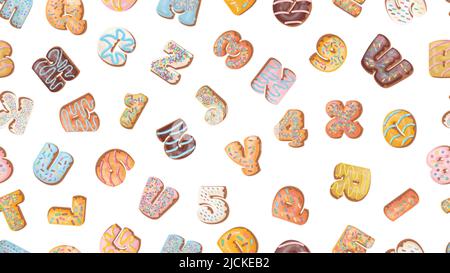 Cartoon biscuit letters seamless pattern. Glazed letter abc and numbers, sweet bakery elements, donuts and cookies. Vector dessert background Stock Vector