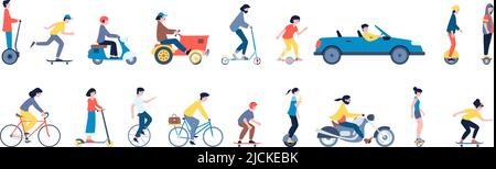 People riding on car and segway, ride scooter and motorcycle. Alternative vehicle, isolated teens on skateboards and electric transport recent vector Stock Vector