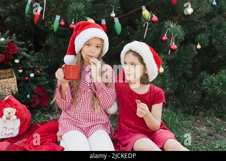 Merry Christmas. Portrait of two funny children girls in Santa hat eating gingerbread cookies drinking hot chocolate outside having fun. Happy Holidays. kids enjoying holiday. Christmas in July Stock Photo