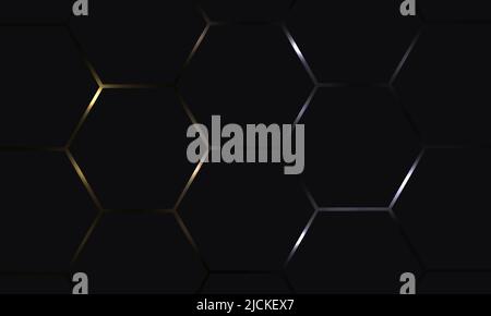 Black hexagon abstract technology background with gold and silver colored bright flashes under hexagon. Black hexagonal luxury elegance vector Stock Vector