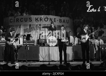 ARCHIVE PHOTO: Musician Paul McCARTNEY turns 80 on June 18, 2022, from left: George HARRISON, guitar, Ringo STARR, drums, Paul McCARTNEY, bass, John LENNON, guitar; Beatles singer musician England Liverpool GBR music beat music pop music concert The Beatles in the Circus Krone in Munich, on June 24th, 1966; black and white shot; Stock Photo