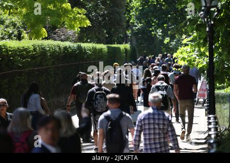 Members of the public walk through Green Park, central London during the warm weather. Picture date: Tuesday June 14, 2022. Stock Photo