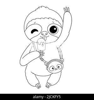 Sloth with ice cream, panda bag coloring page Stock Photo