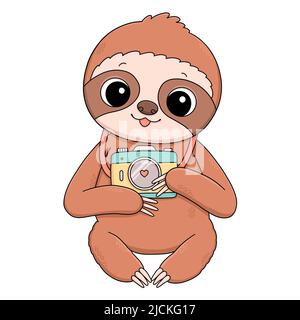Cute baby sloth with camera summer illustration Stock Photo