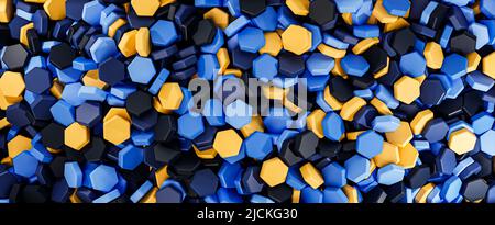Hexagonal background in blue, yellow and black colors, for web and banners, 3D rendering