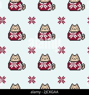 Christmas and New Year seamless pattern with a cute 8-bit cat in a red sweater with a snowflake. Pixel art. Festive background template for wrapping Stock Vector