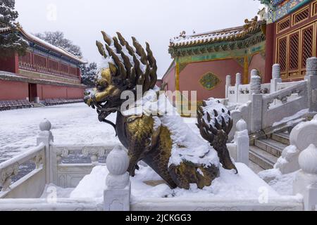 Snow in Beijing Palace Museum CiNing copper dragon outside the door Stock Photo