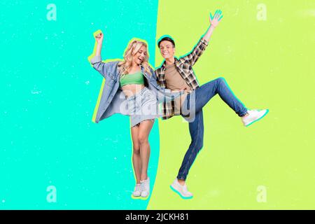 Composite collage image of two people enjoy dancing partying have good mood divided into two halves colors Stock Photo