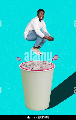 Vertical composite collage picture of crazy excited person jumping huge smoothie cup isolated on drawing teal background Stock Photo