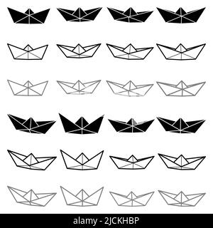 Set of different style vector illustrations of paper boat icons. Outline simple, silhouette, chalk and color boat isolated on white background. Icon s Stock Vector