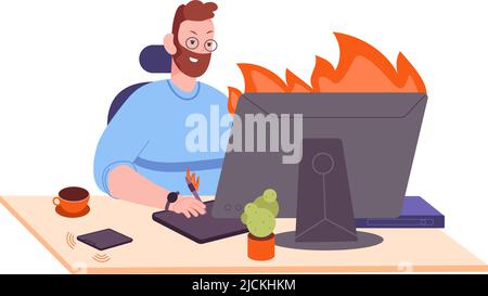 Burning work on pc. Burned man rushing working deadline task, exhausted busy employee at fire computer desktop, difficulties tension workplace, vector illustration. Fire computer and pc Stock Vector