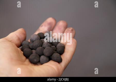 08 June 2022, Sweden, Luleå: Iron ore pellets photographed at the Hybrit Initiative test facility in Luleå in northern Sweden. Steelmaker SSAB, iron ore producer LKAB and energy supplier Vattenfall are working on the project to produce fossil-free steel that does not produce climate-damaging CO2. (to dpa 'Green steel from northern Sweden - hydrogen storage facility is inaugurated') Photo: Steffen Trumpf/dpa Stock Photo