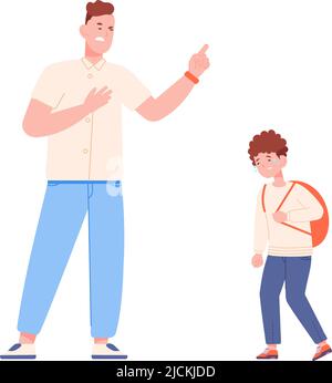 Father discipline kid. Cartoon strict dad scold on cry son, parent rebuke shouting child, family conflict parents and children, unhappy boy character vector illustration. Parent and boy discipline Stock Vector